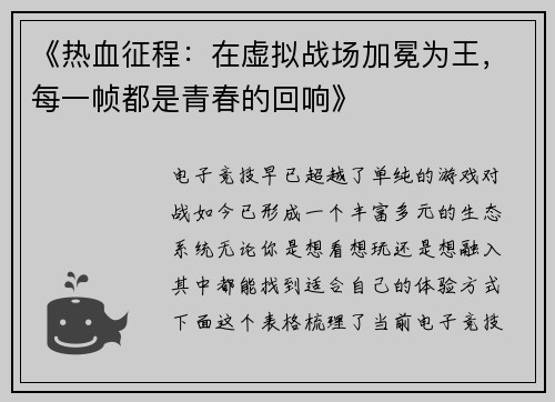 《热血征程：在虚拟战场加冕为王，每一帧都是青春的回响》